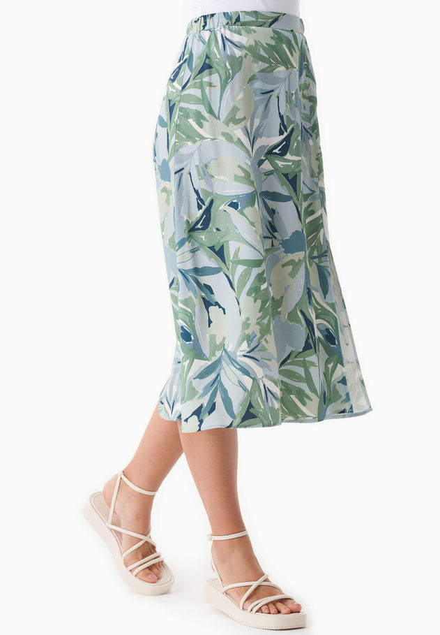 Patterned Viscose Midi Skirt Abstract Leaf