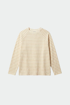 A cream and beige striped long-sleeve knit top with a crew neck, displayed flat against a light gray background.