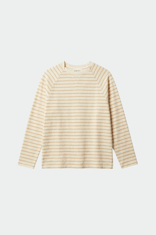 A cream and beige striped long-sleeve knit top with a crew neck, displayed flat against a light gray background.